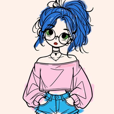 girl with a messy ponytail glasses a baggy crop top and jean shorts