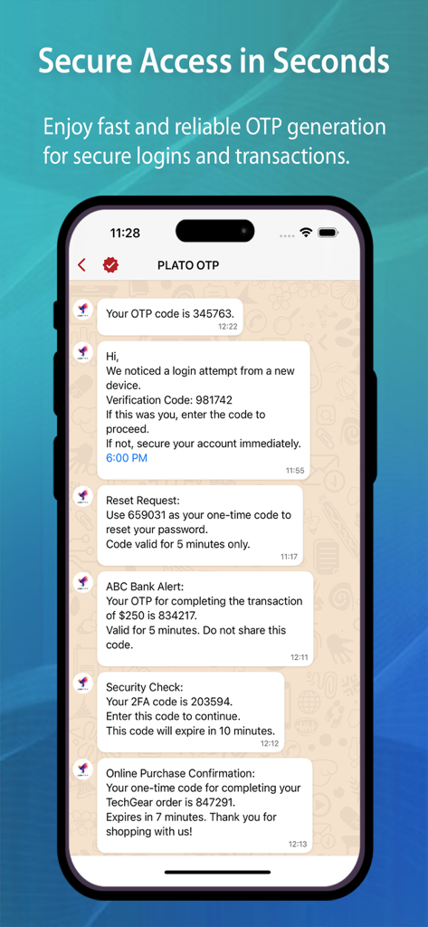 Arena Chat - Arena Chat screenshot showing secure one-time password generation for logins and bank transactions.