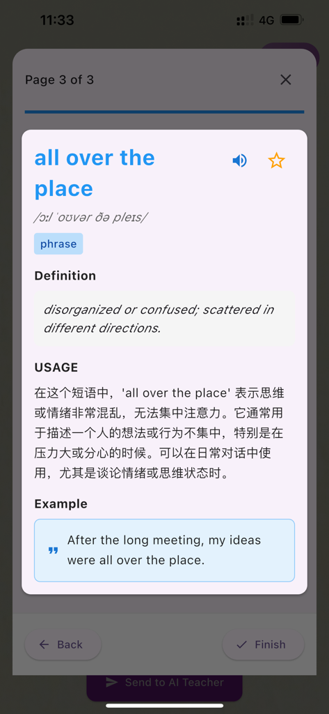 Lingo Journal - Lingo Journal screen showing a detailed explanation of the phrase all over the place including definition and example sentence
