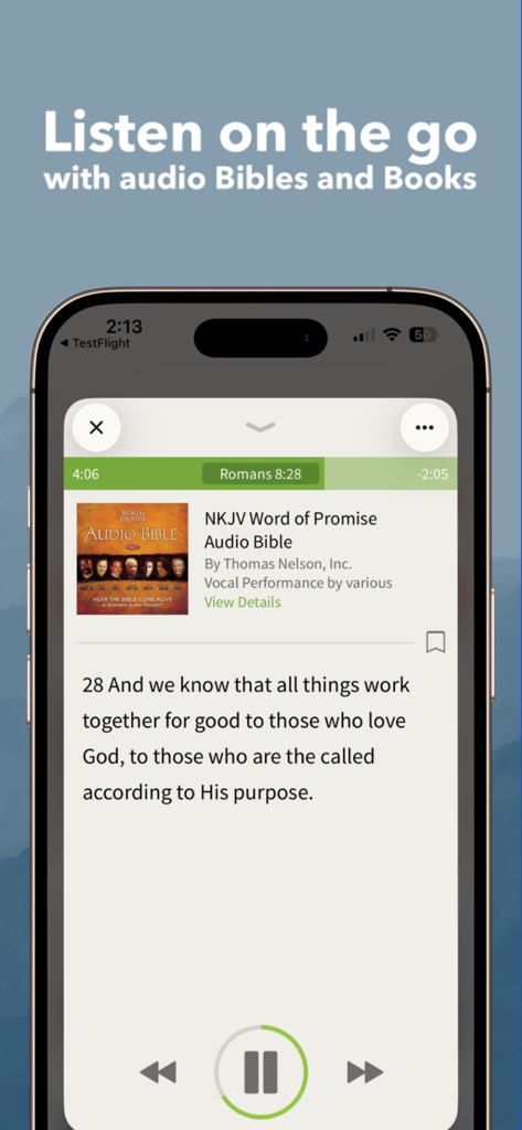 Olive Tree NKJV Bible app showing the Word of Promise Audio Bible player interface playing Romans 8:28