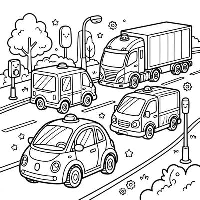 Discover the exciting world of autonomous vehicles with this engaging coloring page designed specifically for kids. Featuring various self-driving cars, vans, and trucks, it's perfect for sparking imagination and creativity.