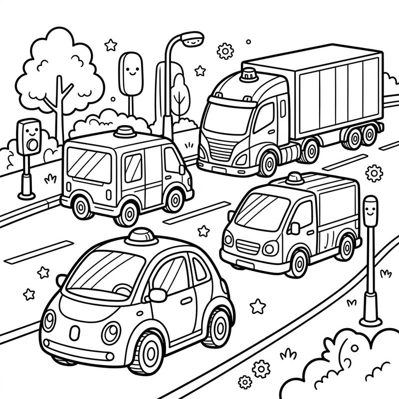 Discover the exciting world of autonomous vehicles with this engaging coloring page designed specifically for kids. Featuring various self-driving cars, vans, and trucks, it's perfect for sparking imagination and creativity.