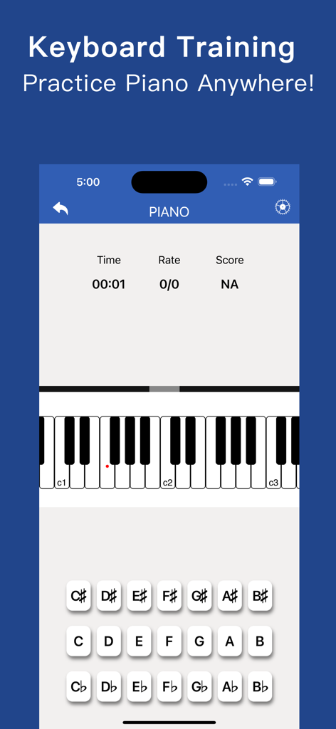 Interface do aplicativo Music Tutor para praticar o reconhecimento de notas de piano com um teclado virtual.