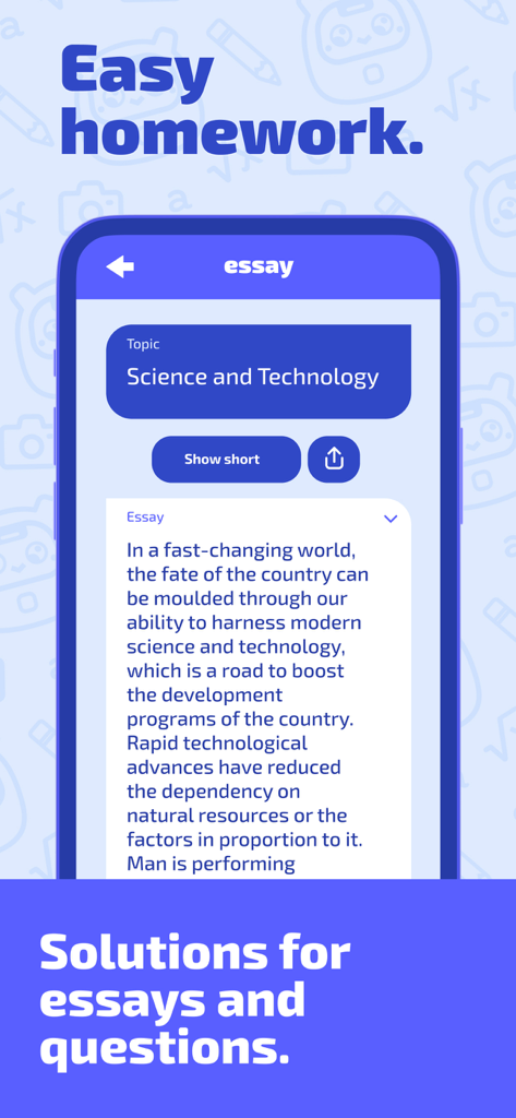 Study AI: Math Homework Helper - A mobile app interface displaying an AI generated essay on science and technology for homework help.
