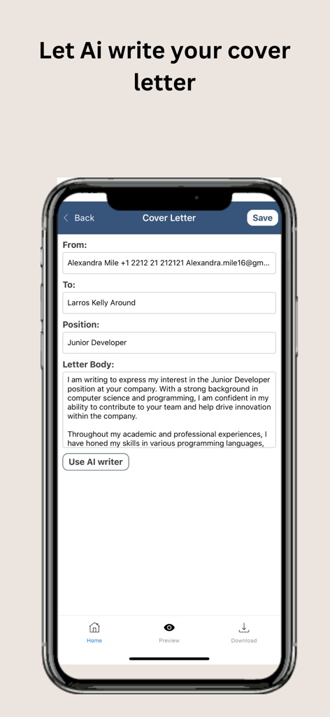 Interface móvel de um aplicativo criador de cartas de apresentação mostrando um recurso de assistente de escrita com IA.