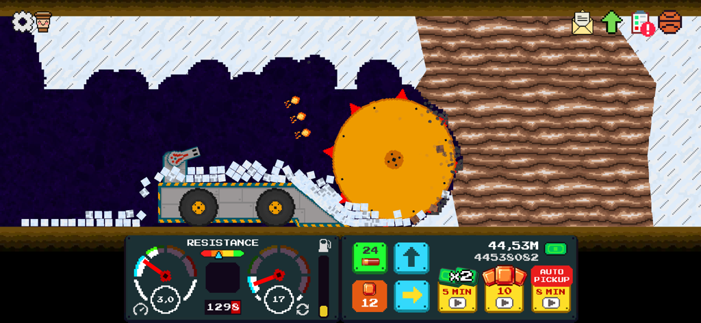Mystery Digger - A pixel art mining vehicle with a large circular saw digging through layers of earth in the Mystery Digger mobile game.