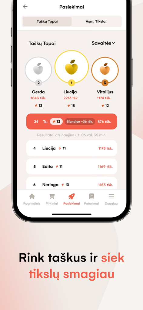 Persikas.com: Mitybos planai - Leaderboard screen in the Persikas app showing user rankings and points for fitness goals
