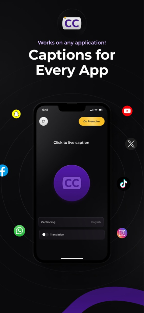Live Caption & Translation - iPhone mostrando la interfaz de la aplicación Subtítulos y Traducción rodeada de iconos de redes sociales como TikTok y YouTube.