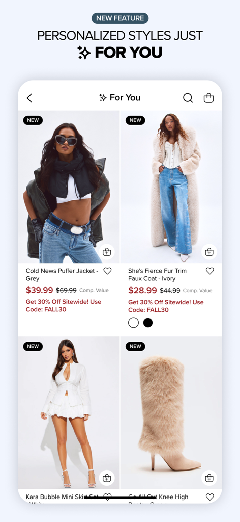 Fashion Nova: Trendy Shopping - 여성용 트렌디한 의상과 재킷을 보여주는 패션 노바 앱의 개인화된 패션 피드