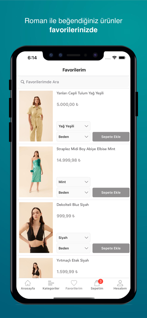 Roman - The favorites screen of the Roman fashion app displaying a curated list of luxury womenswear items including dresses and jumpsuits