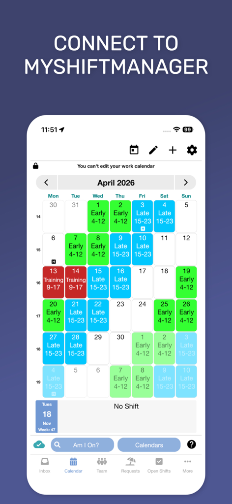 My Shift Planner - Calendar - Color coded shift work calendar for April 2026 showing early late and training shifts with a button to connect to MyShiftManager.