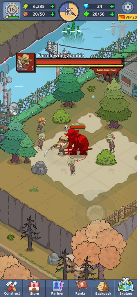 Mini Survival: Zombie Fight - A cartoon survivor character fighting a large red farm owner zombie boss in Mini Survival Zombie Fight
