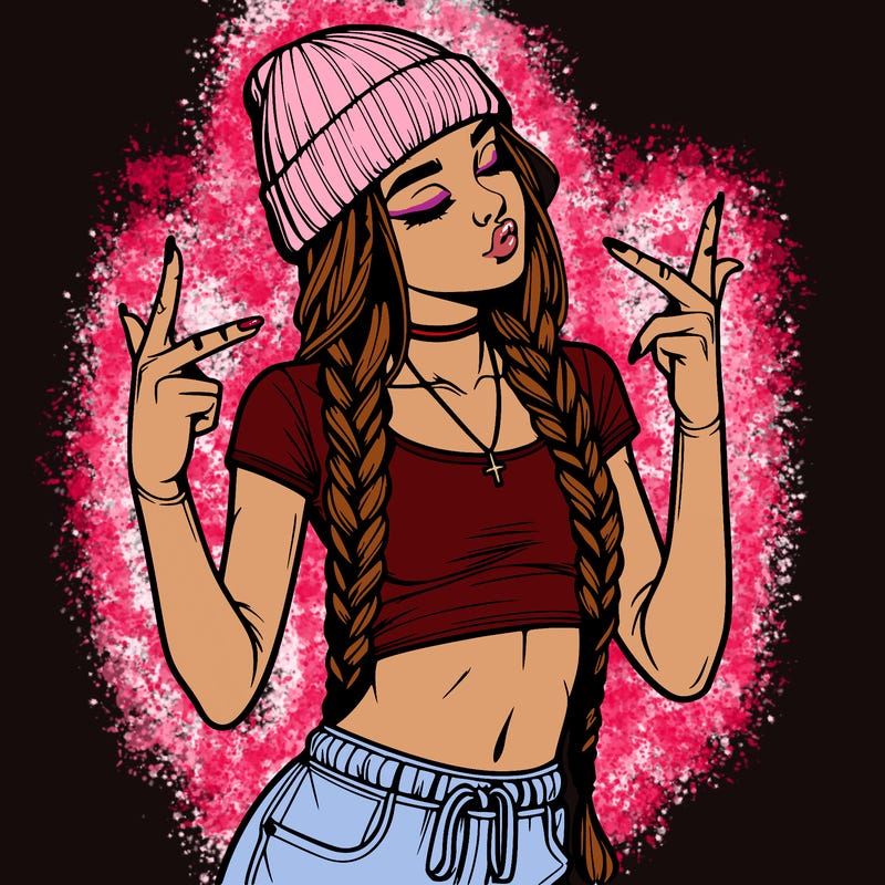 realistic teenage girl with braids and a beanie and crop top doing 🫶🏼