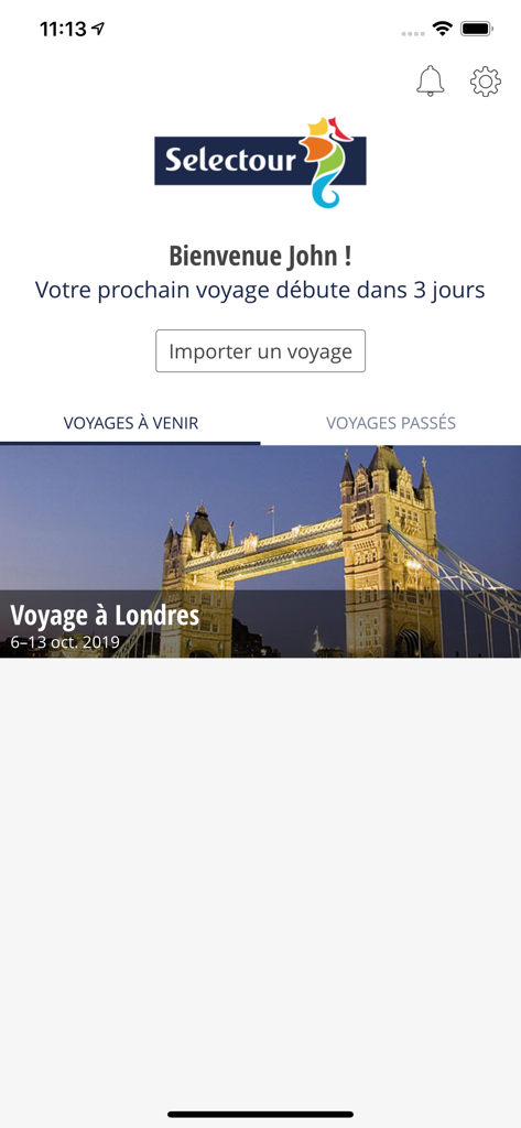 Guide de voyages SELECTOUR - Selectour App Dashboard mit einer personalisierten Begrüßung und einer bevorstehenden Reise nach London mit einem Foto der Tower Bridge