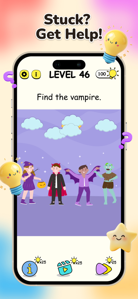 Brain IQ: Puzzle & Logic Games - Ein Logikrätsel-Level aus der Brain IQ App, das den Spieler auffordert, einen Vampir unter Kostümierten zu finden