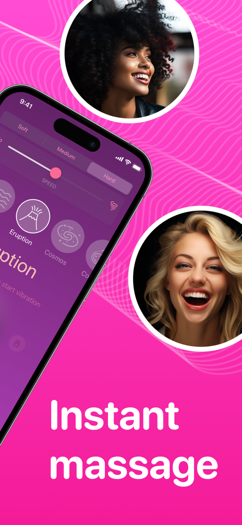Écran de smartphone affichant l'interface de l'Application Vibrateur Masseur Puissant avec des femmes souriantes