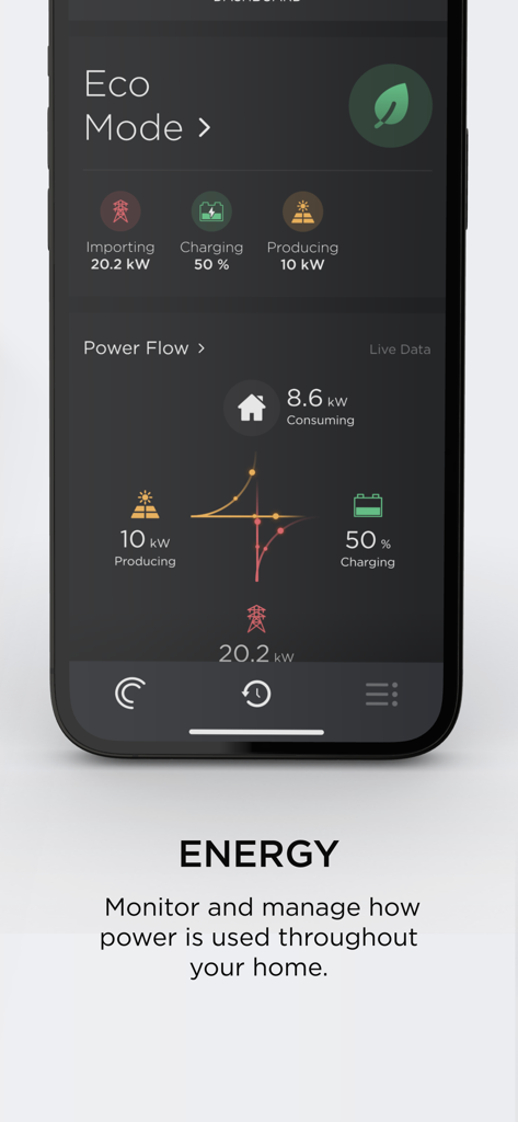 Savant - Savant app energy dashboard showing real time home power flow and eco mode status