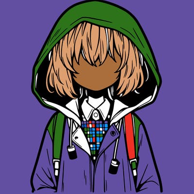 little anime girl in a raincoat her hair is covering her eyes she has a lighter