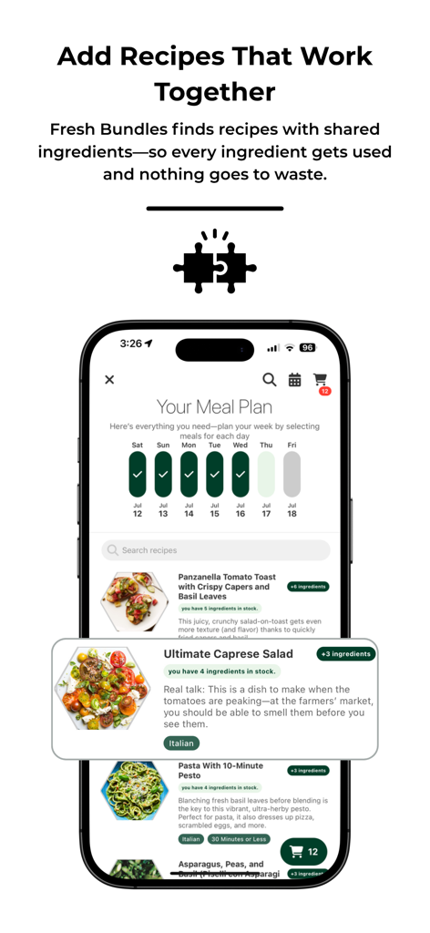 Fresh: Your Personal Chef - Interfaz de la aplicación Fresh que muestra un plan de comidas semanal con recetas agrupadas por ingredientes compartidos para reducir el desperdicio de alimentos.