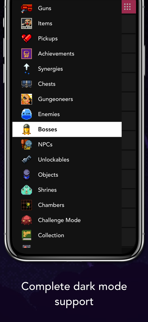 Guide for Enter the Gungeon - Menu of the Enter the Gungeon guide app showing categories like guns, items, and bosses in dark mode.