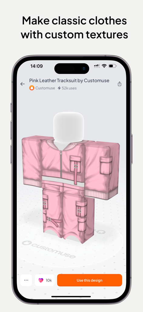 Customuse: 3D Skin Creator - A 3D pink leather tracksuit design for a game avatar within the Customuse app interface