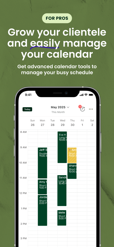 Interface do aplicativo StyleSeat mostrando ferramentas avançadas de calendário para profissionais de beleza gerenciarem agendas e compromissos