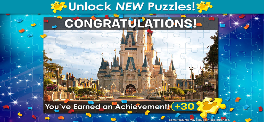 Completed Disney castle jigsaw puzzle with achievement unlocked notification