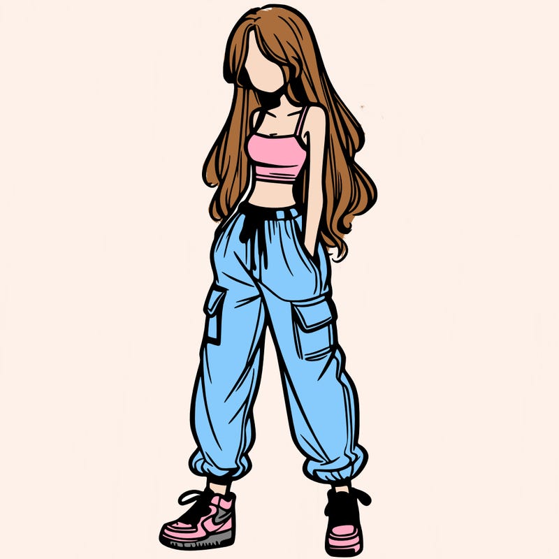 girl in baggy pants crop top and long hair