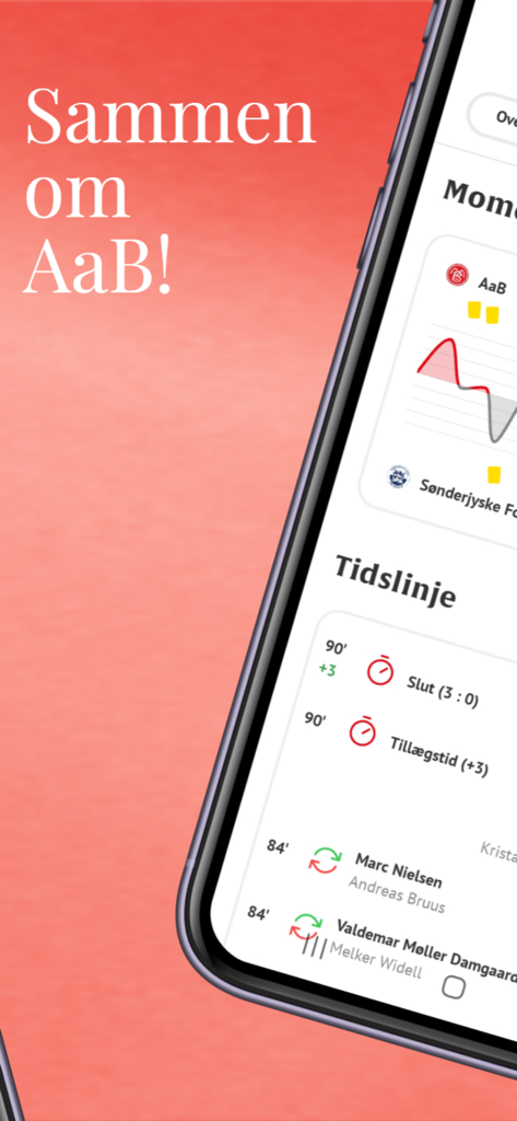 Screenshot of the AaB app displaying a match timeline with events and momentum graph