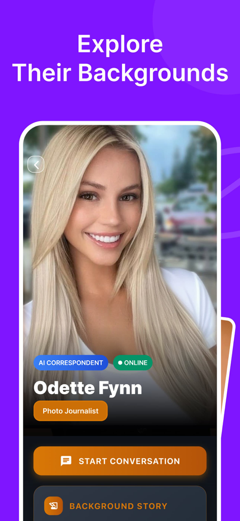 A profile page for Odette Fynn an AI photo journalist in the Driee app.