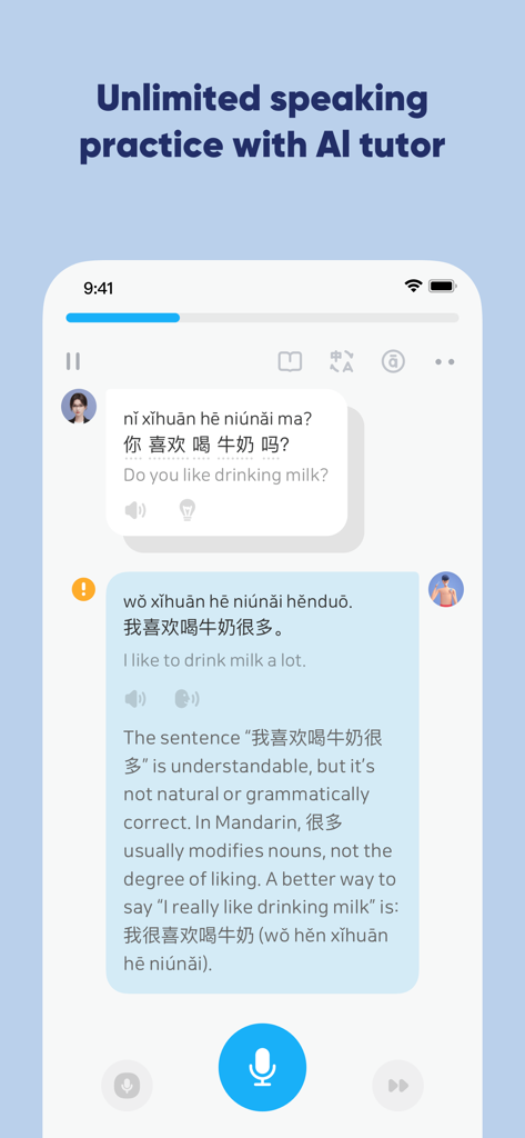 SuperChinese - Learn Chinese - Mandarin Chinese speaking practice with an AI tutor on the SuperChinese app showing real-time grammar feedback