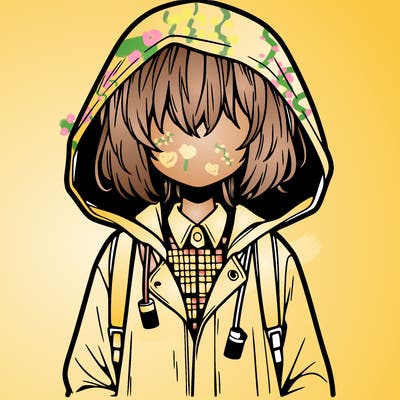 little anime girl in a raincoat her hair is covering her eyes she has a lighter