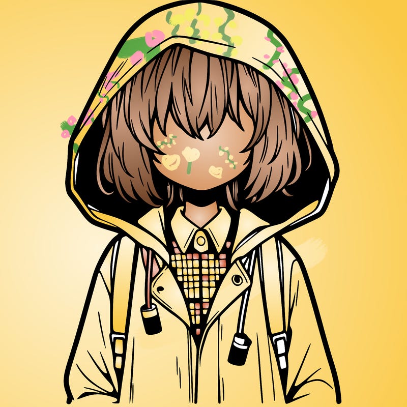little anime girl in a raincoat her hair is covering her eyes she has a lighter