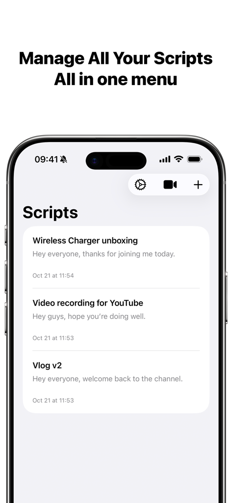 TeleFlow - TeleFlow app script library interface showing a list of video scripts for YouTube and vlogs.