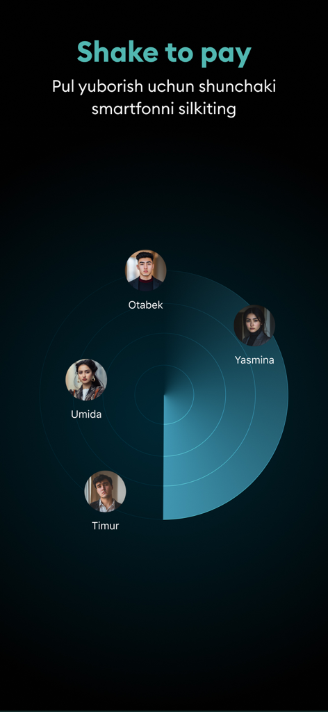 A mobile interface for the Tez app showing the Shake to Pay feature with a radar display and user profile photos.