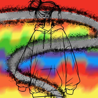 realistic girl with a oversized sweatshirt on and a bun