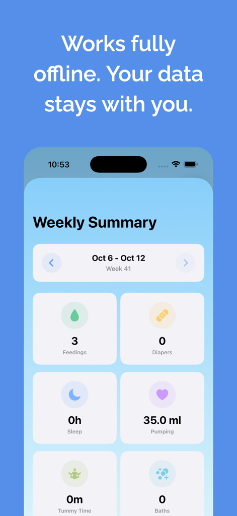 Baby Tracker-Feed & Pump Timer - Dashboard di riepilogo settimanale dell'app Baby Tracker che mostra statistiche sui pasti registrati, cambi pannolino e tiralatte