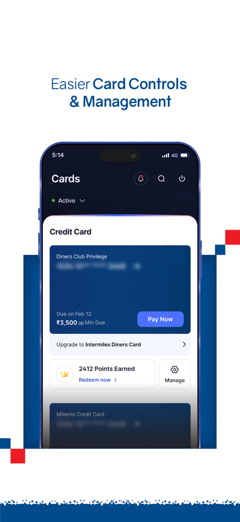 HDFC銀行アプリのインターフェースに、ナイトモードでのクレジットカードの管理と特典ポイントが表示されます