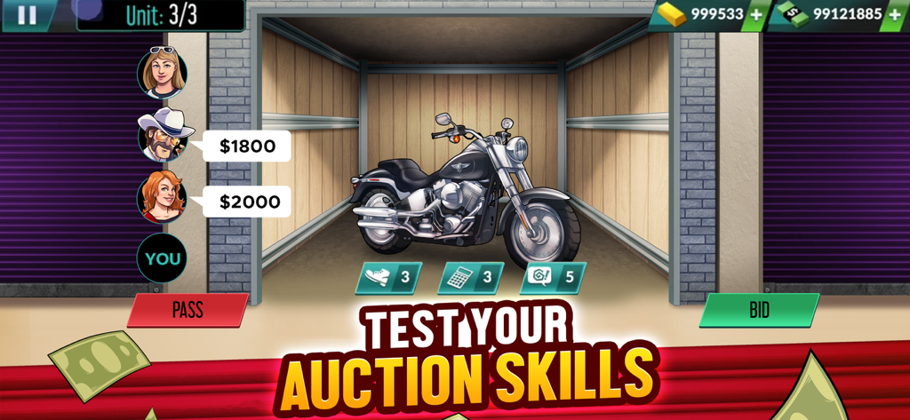 Bid Wars 2 – Pawn Shop Tycoon - Gameplay screenshot of Bid Wars 2 showing an auction for a motorcycle in a storage unit.