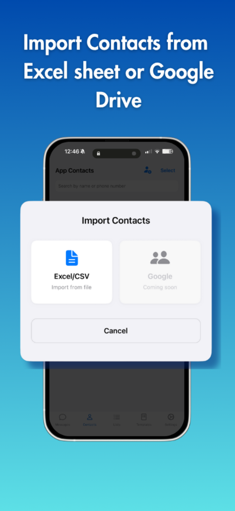 Interfaz que muestra opciones para importar contactos desde archivos de Excel y CSV para mensajería masiva.