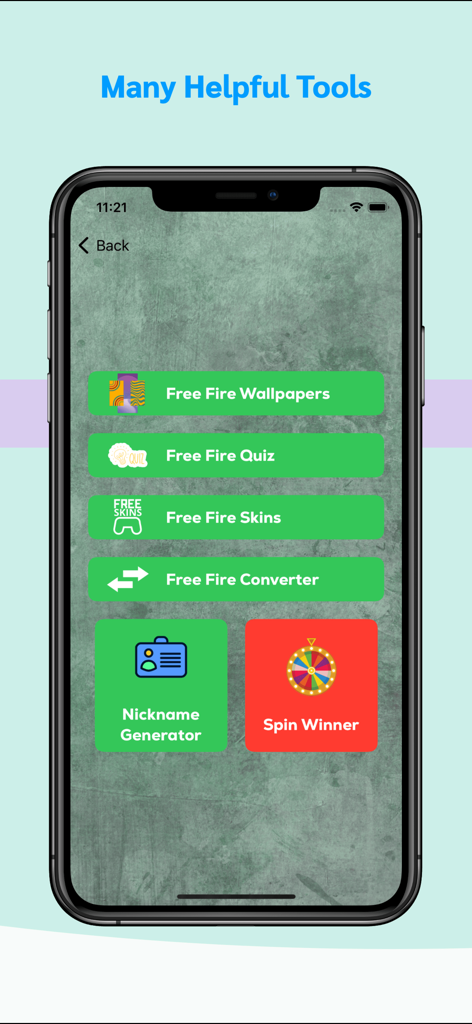 Mobile app interface showing the main menu with tools like nickname generator, quiz, and skins for Free Fire
