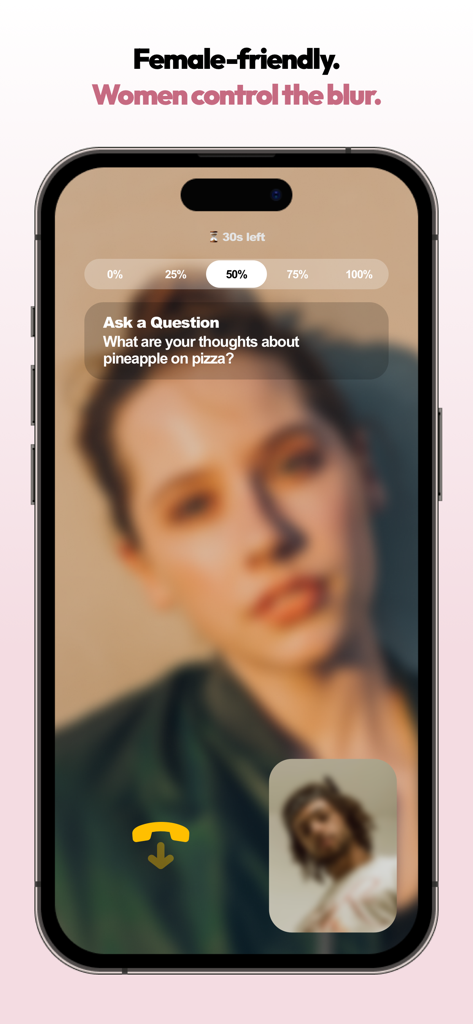 Blurred video call interface on Blindlee dating app highlighting female-controlled visibility settings