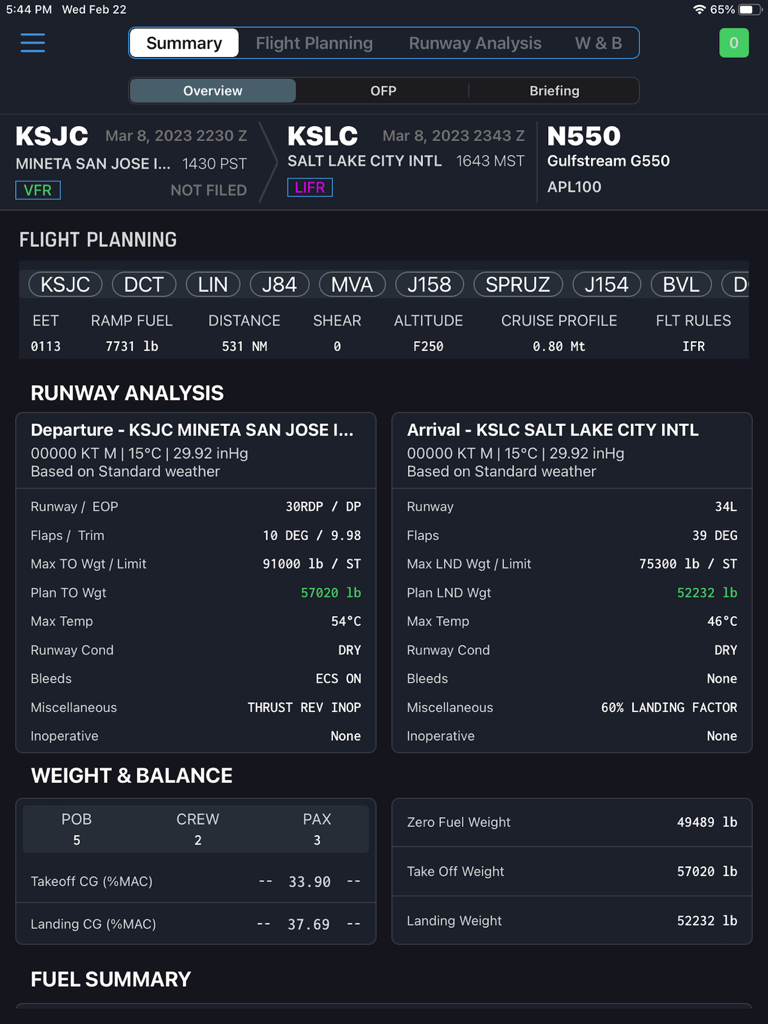Flight summary dashboard showing runway analysis and weight and balance calculations