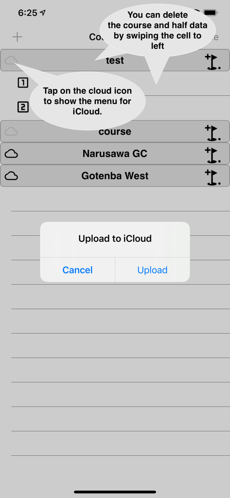Golf Shot Navi app screen showing a list of golf courses with options to sync data to iCloud and manage course records.