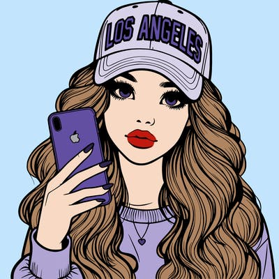 realistic beautiful girl wearing los ángeles cap holding an iphone