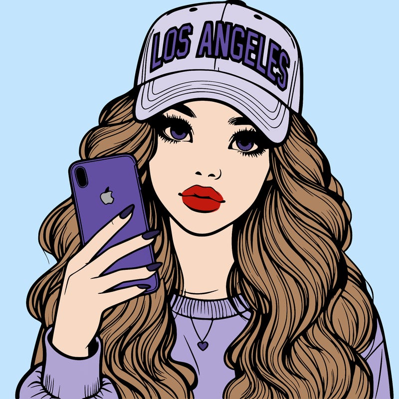 realistic beautiful girl wearing los ángeles cap holding an iphone