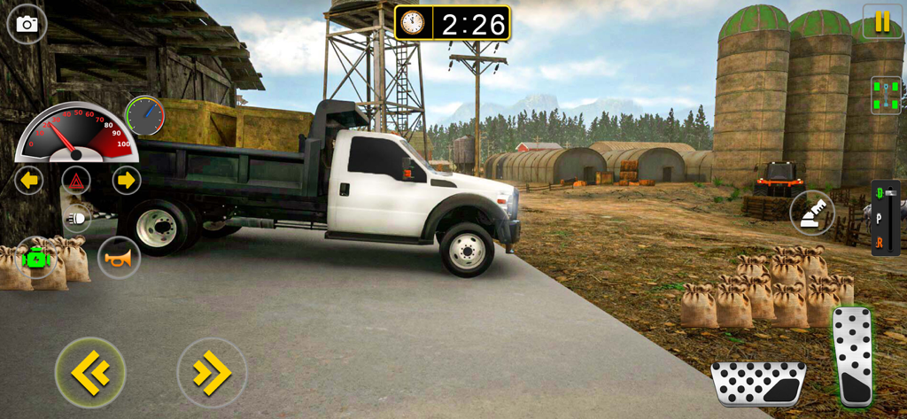 4x4 Offroad Car Simulator Game - A white truck in a farm environment with silos and cargo