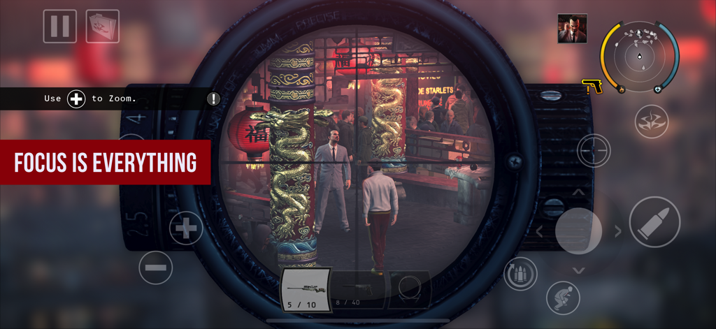 Hitman: Absolution - Agent 47 aiming through a sniper scope in a crowded Chinatown market in Hitman Absolution mobile.