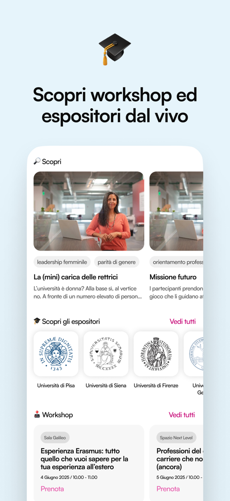 CampusHub: corsi eventi e test - Interface of the CampusHub app showing university exhibitors and educational workshop listings including Erasmus information.