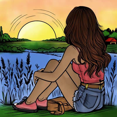 realistic girl sitting and watching the sunset